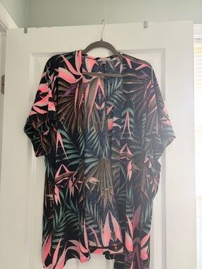 white birch Tropical Leaf Print Cardigan — Black, Pink & Green